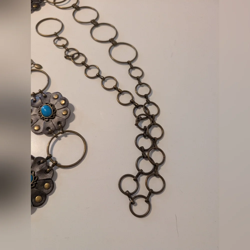 Western Belt Faux Turquoise Chain Belt,‎ leather Flower.